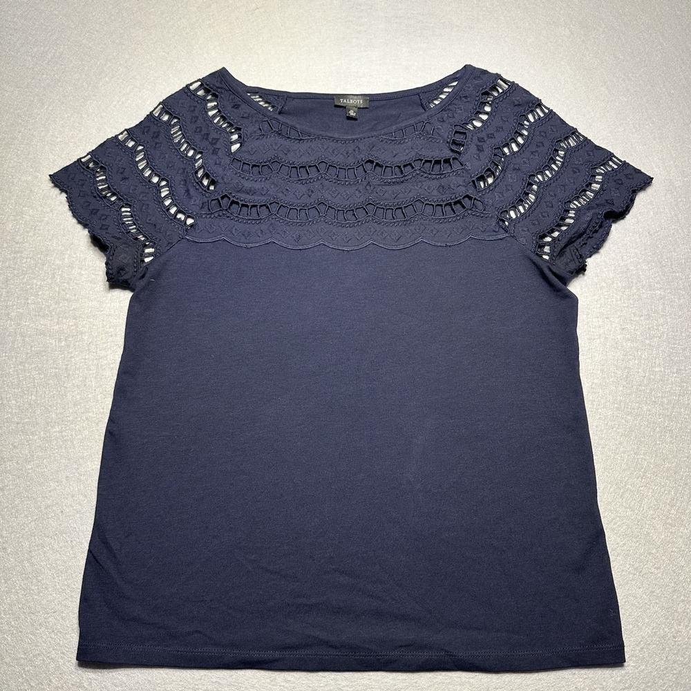TALBOTS Womens Sz ES Short Sleeve Pretty Navy Pull Over Top Blouse gorgeous - Picture 1 of 6
